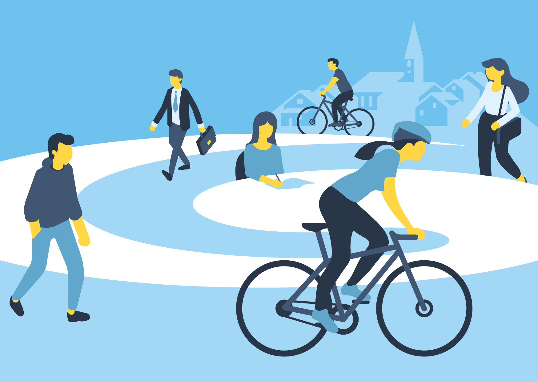 Grafik der GemeindeRAD Sitzung mit Radfahrer:innen und Fußgänger:innen