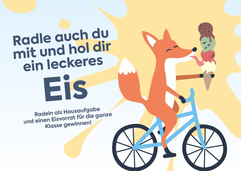Postkarte zur Aktion Radeln als Hausaufgabe mit Fuchs am Fahrrad