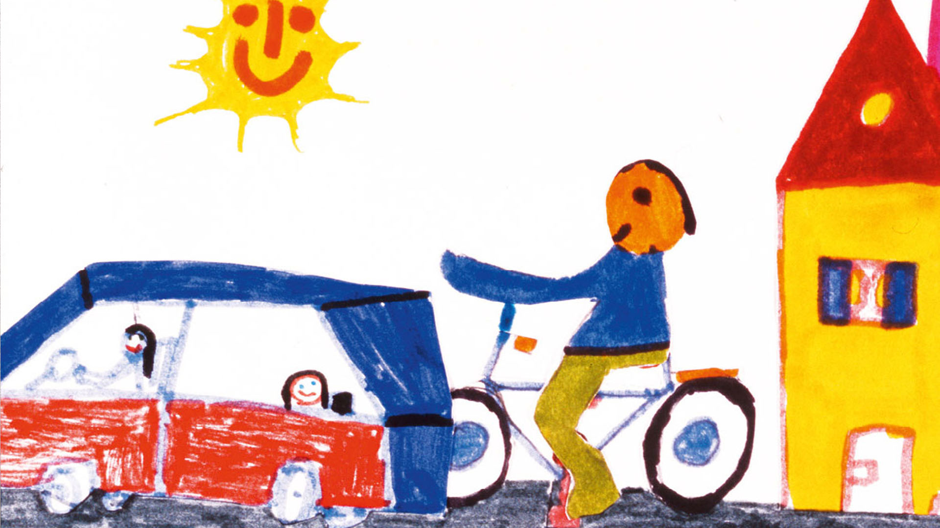 Kinderzeichnung mit gelbem Haus, einem Auto und ein Radfahrer