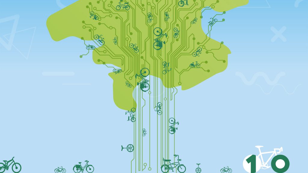 Grafik von verschiedenen Fahrrad-Arten, welche auf ein Netzwerk Oberösterreich zusammenlaufen