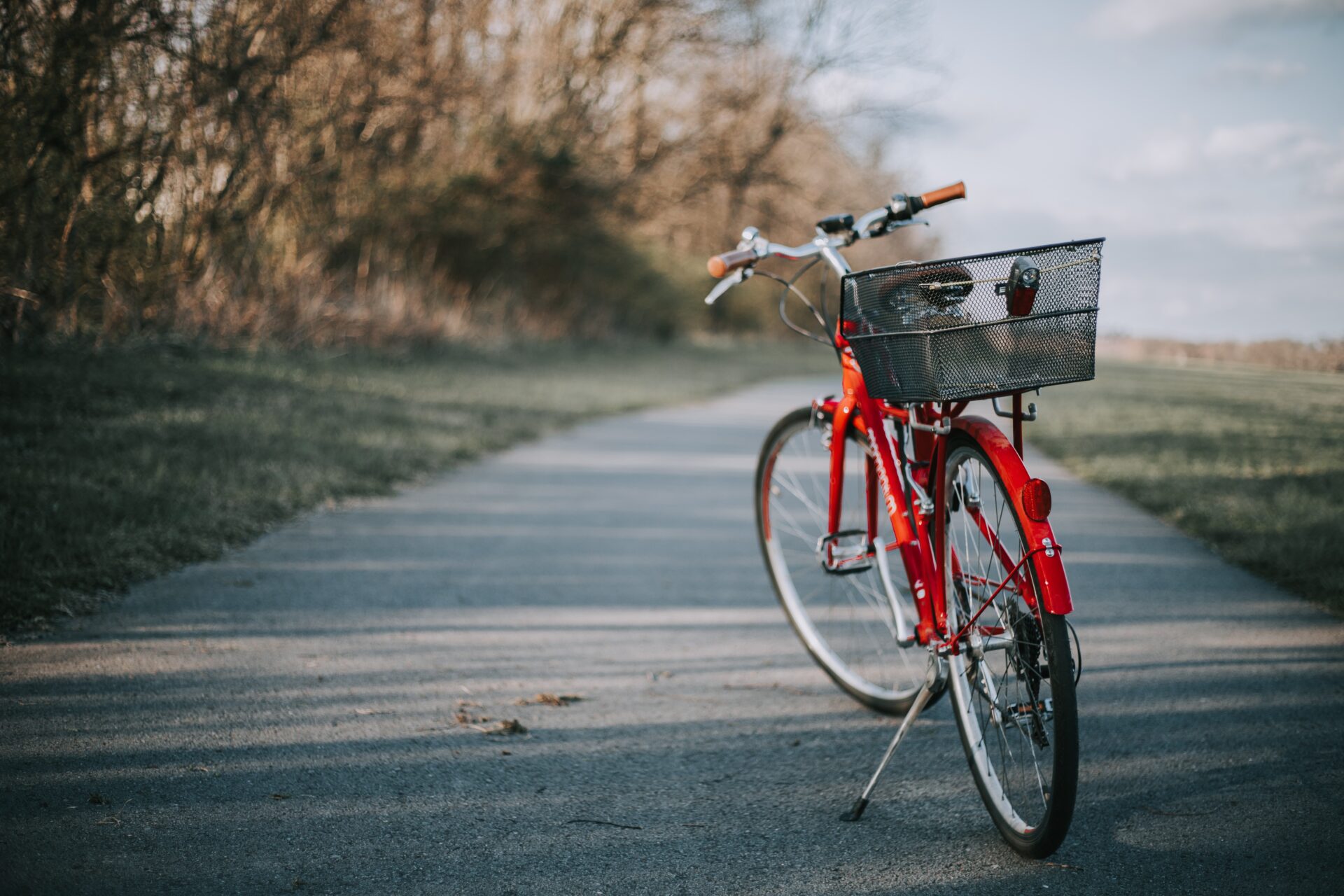 Rotes Fahrrad mit Korb in der Landschaft
