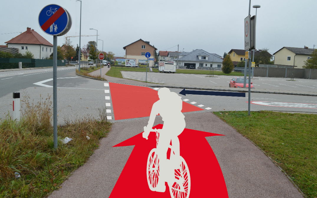 Visualisierung einer rot unterlegten Radfahrerüberfahrt