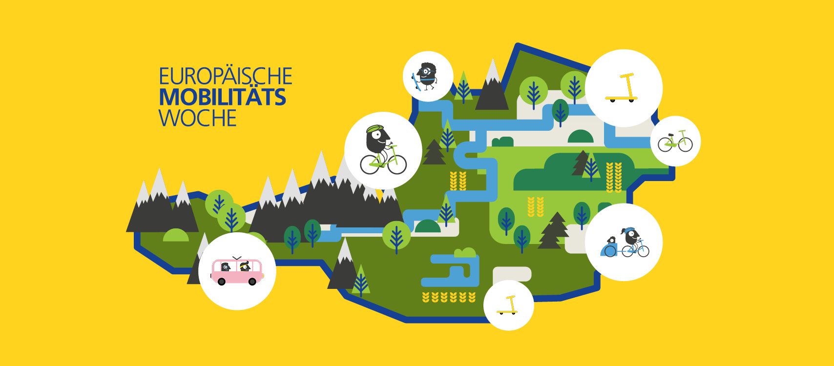 Europäische Mobilitätswoche Grafik Vereinfachte Grafik von Umriss mit Österreich mit Berge und Flüsse mit "Luftblasen" von Umweltfreundliche Verkehrsmittel. (Bus, Fahrrad, Skateboard und Roller)