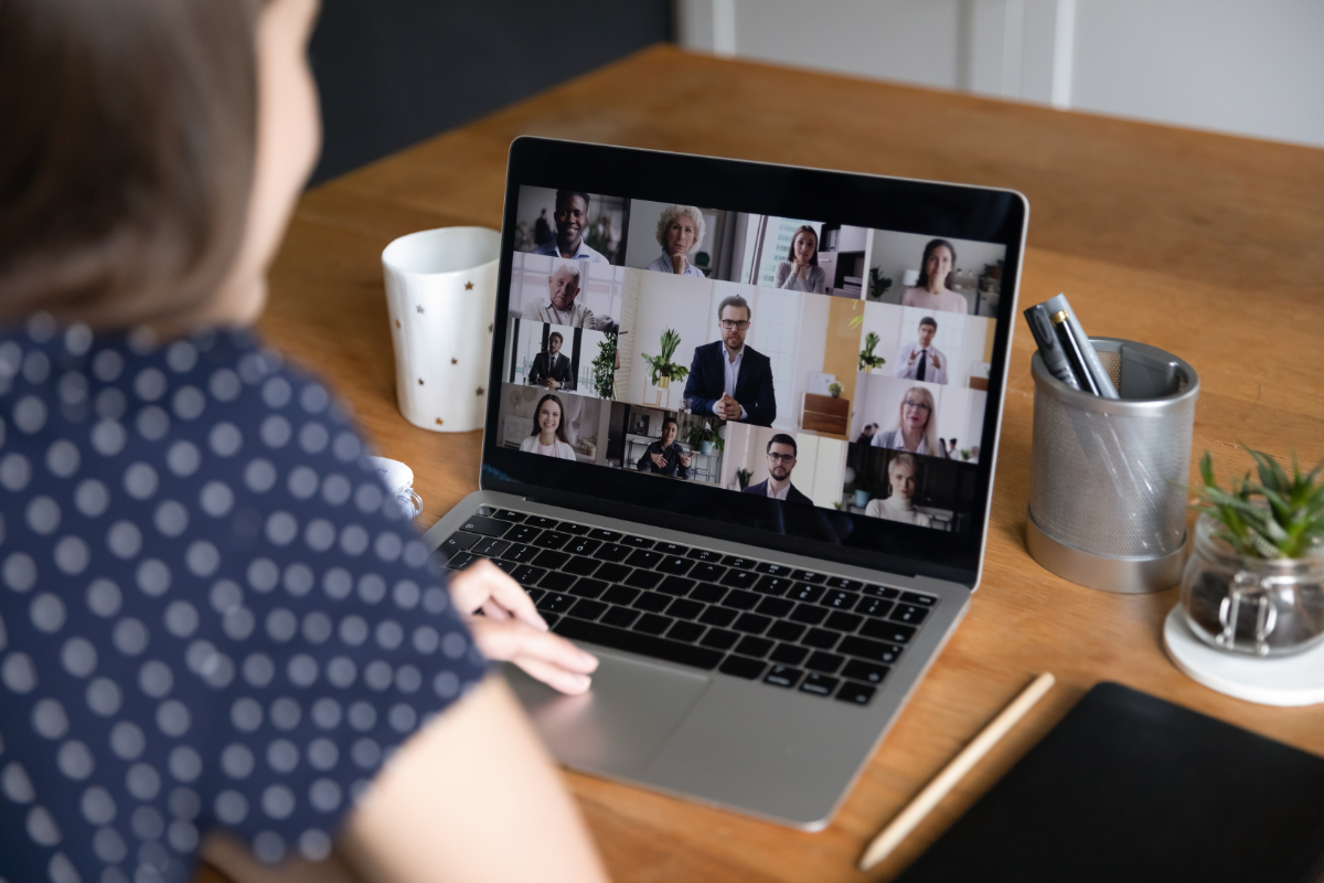 Freelance remote employee girl talking on video conference call to team of coworkers, speaking to audience, attending virtual business meeting, negotiations, seminar, training course