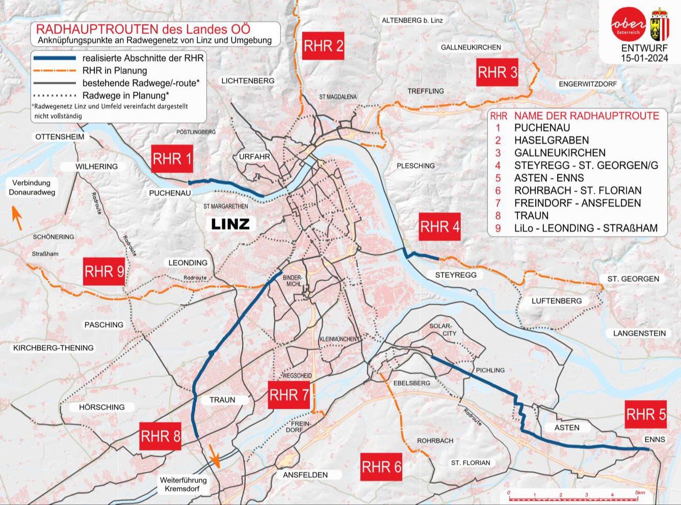 Karte von Linz, in der die Radhaupttouren in OÖ eingezeichnet sind