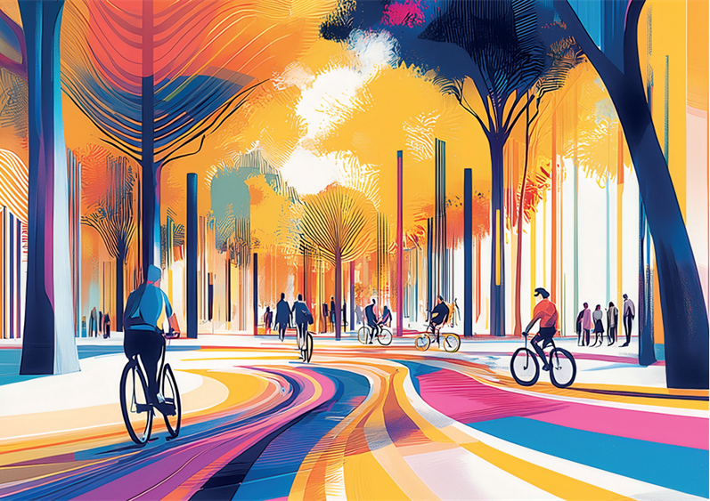 Bunte Grafik mit Radfahrenden in einer Allee, etwas abstrahiert